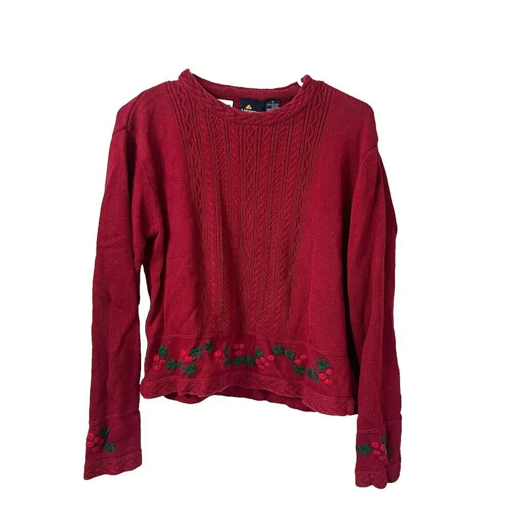 Vtg Liz Sport Red Pullover Sweater M Knit Floral Long Sleeve Grandma Holiday